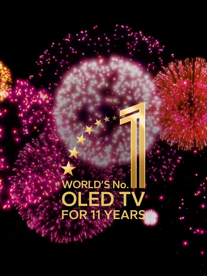 A video shows the 11 Years World's No.1 OLED TV emblem appear gradually against a black backdrop with purple, pink, and orange fireworks. 