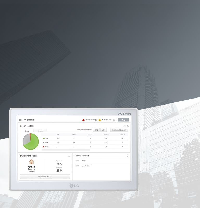 LG AC Smart 5 interface showing operation status, environment data, error indicators, modern building background.