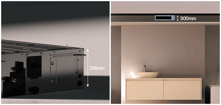 Left metal connector panel (245mm) and right modern bathroom with ceiling vent (300mm).