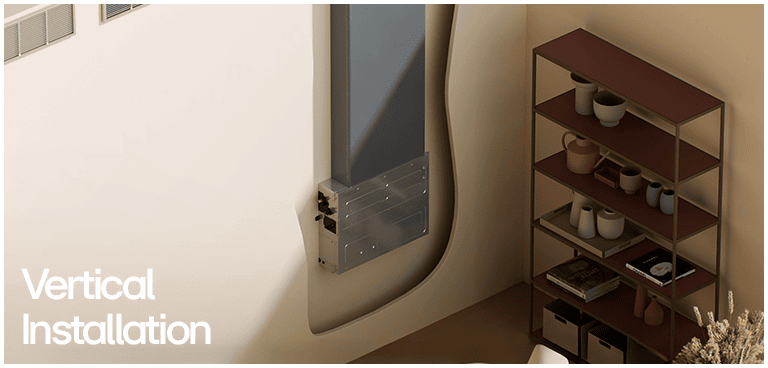 Vertical duct installation next to shelving and horizontal ceiling duct across multiple walls.