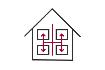 A simple house outline icon with three interior arrows indicates the airflow direction of LG Ceiling Concealed Duct in different rooms, symbolizing efficient air Management of Multiple Spaces.