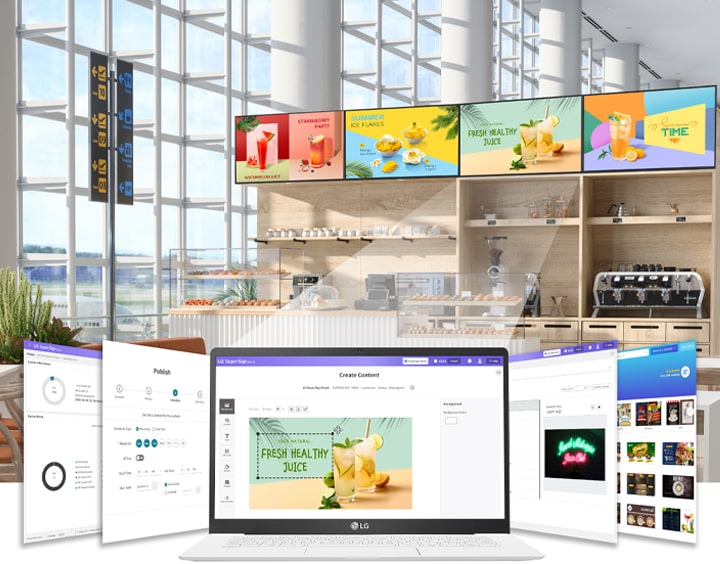 The laptop displays five main screens visible on the LG SuperSign Cloud website. The central screen serves as the content editor, allowing users to create content. This content, once created, is distributed to signage for playback. As a result, the café's signage is currently playing the created content.
