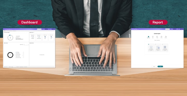 Showcasing real screens from the Dashboard and Report sections of the LG SuperSign Cloud webpage