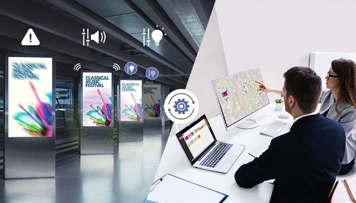 This image illustrates changing the settings of installed signage. The left image shows the ability to detect screen errors, adjust volume, and control brightness. The right image showcases how administrators can remotely manage signage without the need for on-site visits when issues arise.
