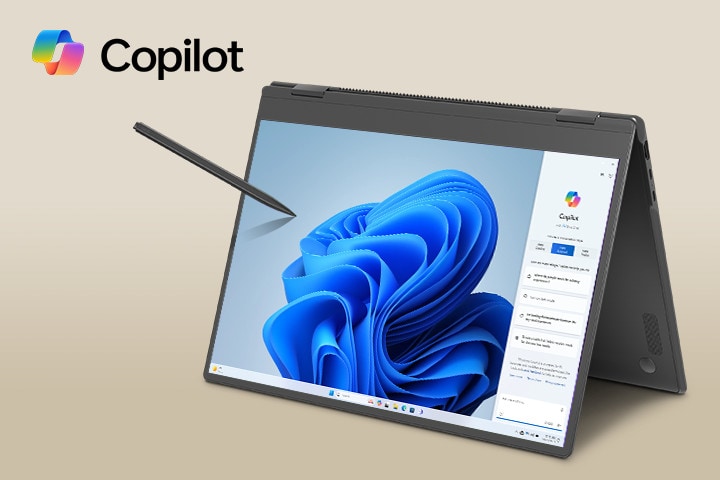 This image features a convertible laptop with a 360-degree rotating display, positioned in tent mode. The screen displays the Windows 11 Copilot interface, and a digital stylus pen is hovering above it, indicating pen input support on the touchscreen.