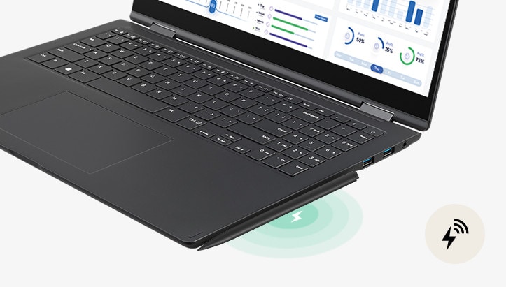 This image shows a laptop in tablet mode with a stylus pen attached to its right side, accompanied by a charging icon indicating power status. Another image displays a laptop with an open screen, where the stylus pen is attached to the bottom-right side of the keyboard, along with a charging icon, demonstrating its wireless charging capability.