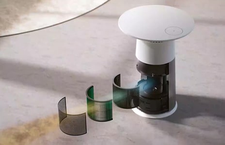 A 3D graphic image showing air being filtered with the product's filter part detached.