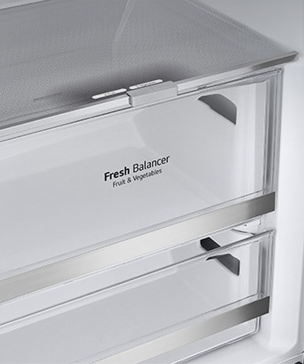 The metallic decorations inside the fridge on the drawers are highlighted and labeled "Metallic Decoration" on the photo.