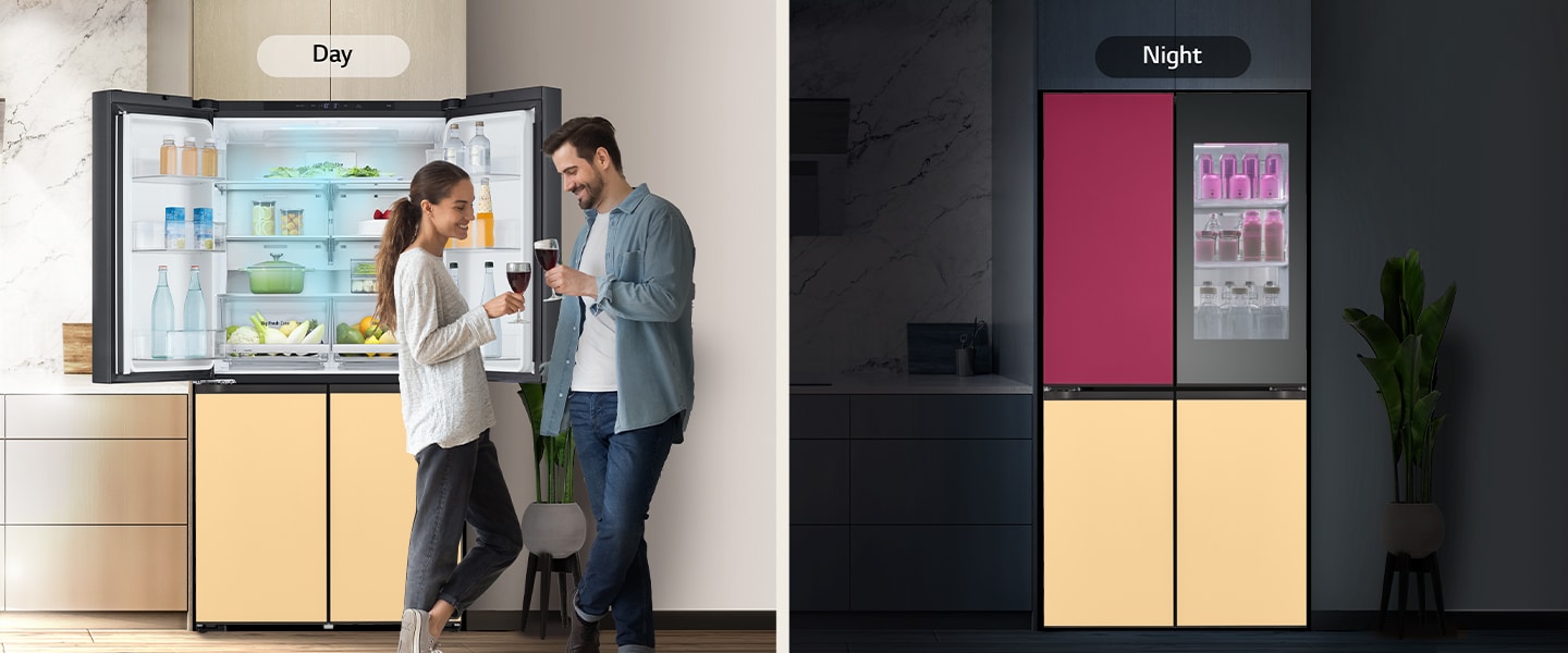 The image on the left shows a couple holding glasses during the day in front of an open refrigerator. Only one side of the refrigerator is open, and blue cold air is flowing out of the refrigerator. The thermometer icon, which means cold air, is located below the image. The image on the right shows the refrigerator in the kitchen on a dark night. Below the image is an electric icon, which means energy saving.