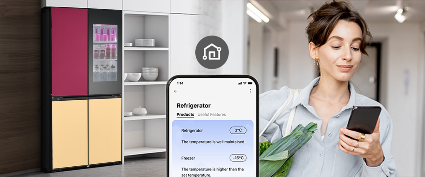 Image on the right shows a woman with a shopping basket looking at her cell phone. Image on the left shows the refrigerator front view. In the center of the images is an icon to show connectivity between the phone and refrigerator.