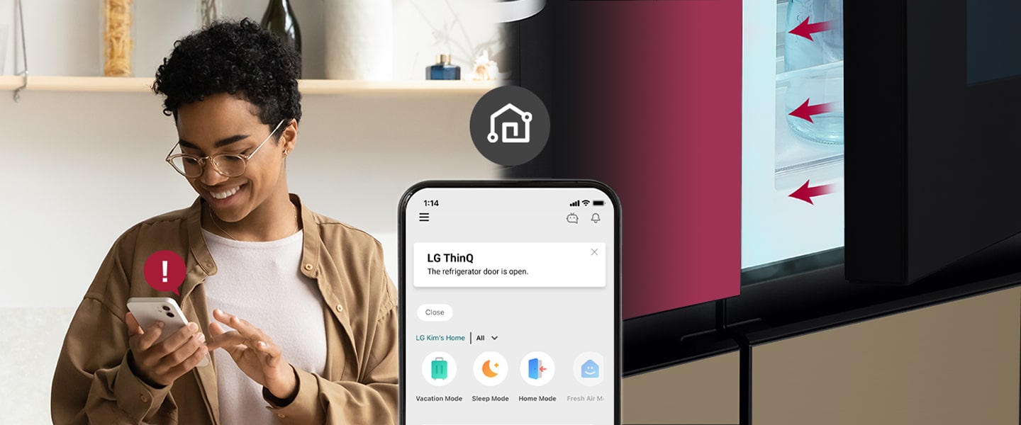 The image on the left shows the woman looking at the smartphone. The image on the right shows that the refrigerator door has been left open. In the foreground of the two images is the phone screen which shows the LG ThinQ app notifications and the Wi-Fi icon above the phone.