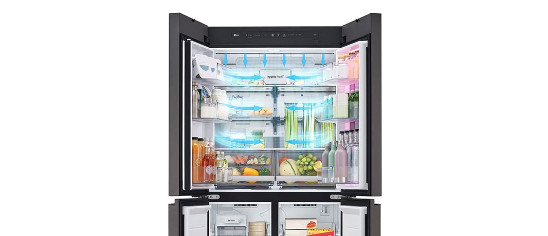 Inside the refrigerator filled with ingredients, blue arrows, which mean cold, are displayed below, on both sides, and on the whole.