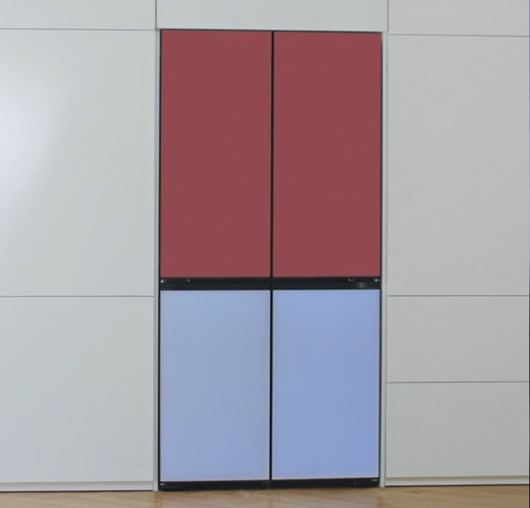 The animation shows that the colour of the refrigerator can be changed through ThinQ with a single touch, depending on your mood.