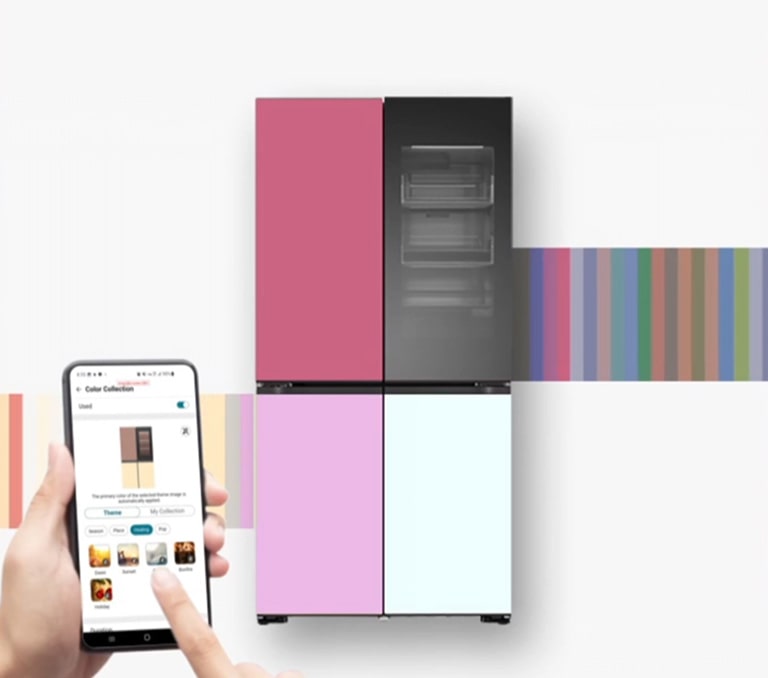 Pause video : The animation shows that a variety of refrigerator colour combinations can be changed through ThinQ.