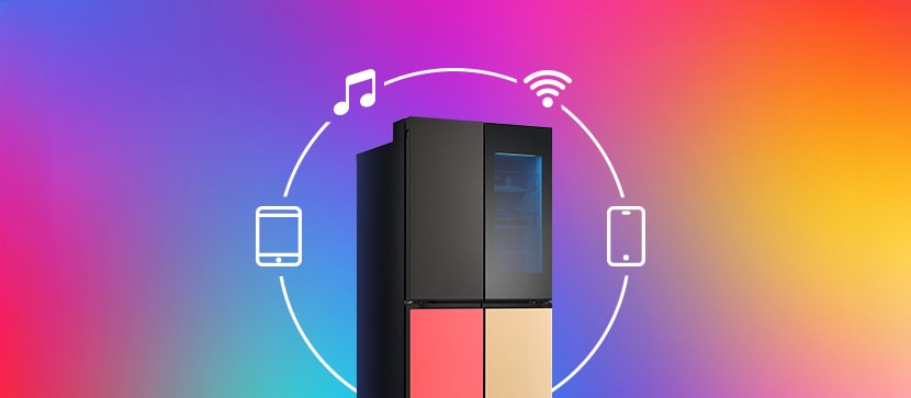 It is an image of a refrigerator on a colorful background. Music, Wi-Fi, and smartphone, tablet icons are placed around the refrigerator.