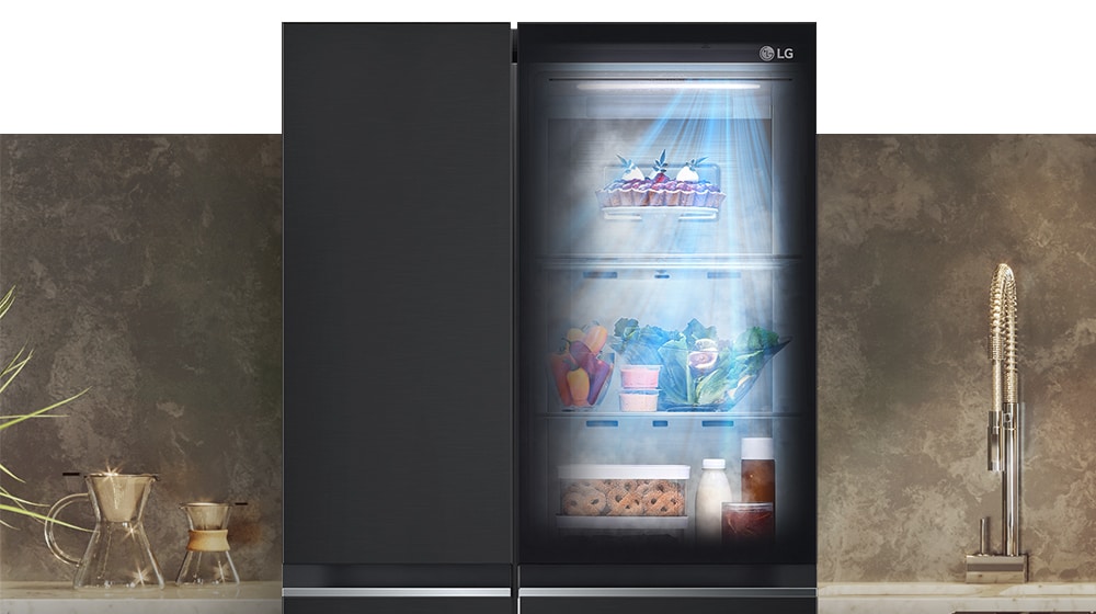 The front view of a black InstaView refrigerator with the light on inside. The contents of the refrigerator can be seen through the InstaView door. Blue rays of light shine down over the contents from the DoorCooling function. 