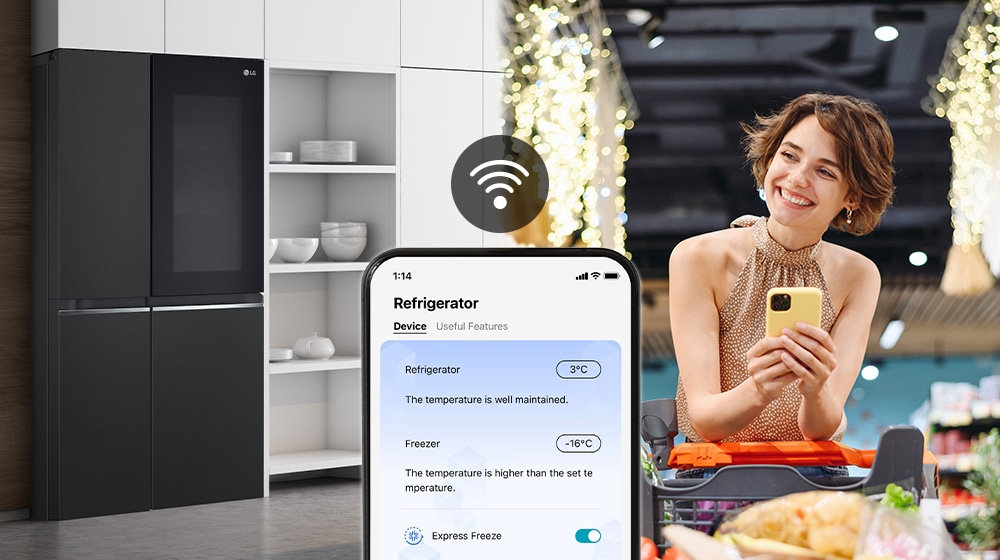 Image on the right shows a woman standing in a grocery store looking at her phone. Image on the left shows the refrigerator front view. In the center of the images is an icon to show connectivity between the phone and refrigerator.