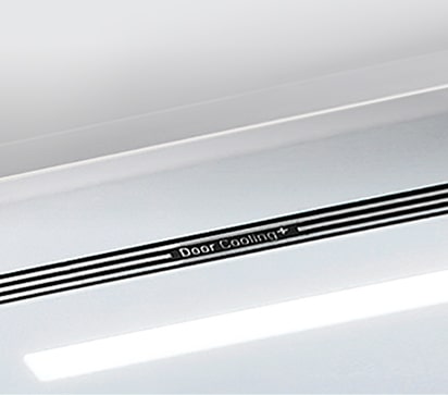 A diagonal view up into the top of the refrigerator showing the soft LED lighting.