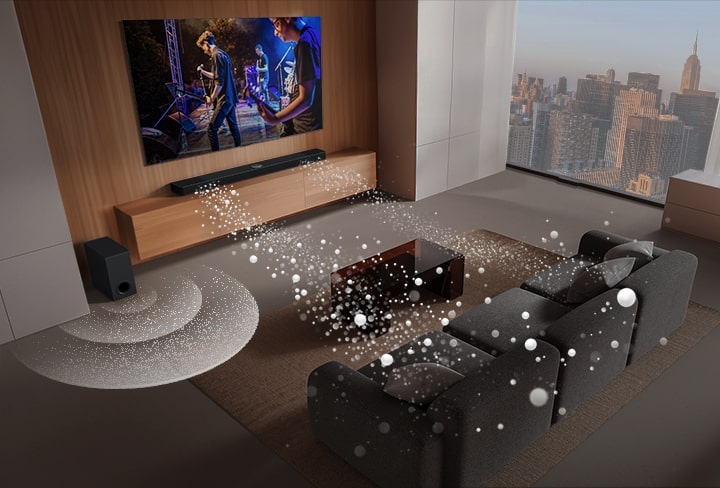 LG Soundbar, LG TV and subwoofer are in a living room displaying screen image with playing a musical performance. Two branch of white soundwaves made up of droplets project from the soundbar and a subwoofer is creating a sound effect from the bottom.