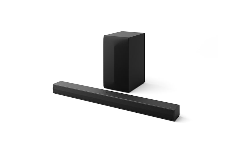 Angled view of LG Soundbar S60T and subwoofer