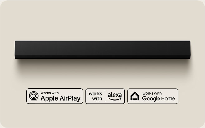 Vue de dessus d'une LG Soundbar. Logo Apple AirPlay Logo Amazon Alexa Logo Google Home