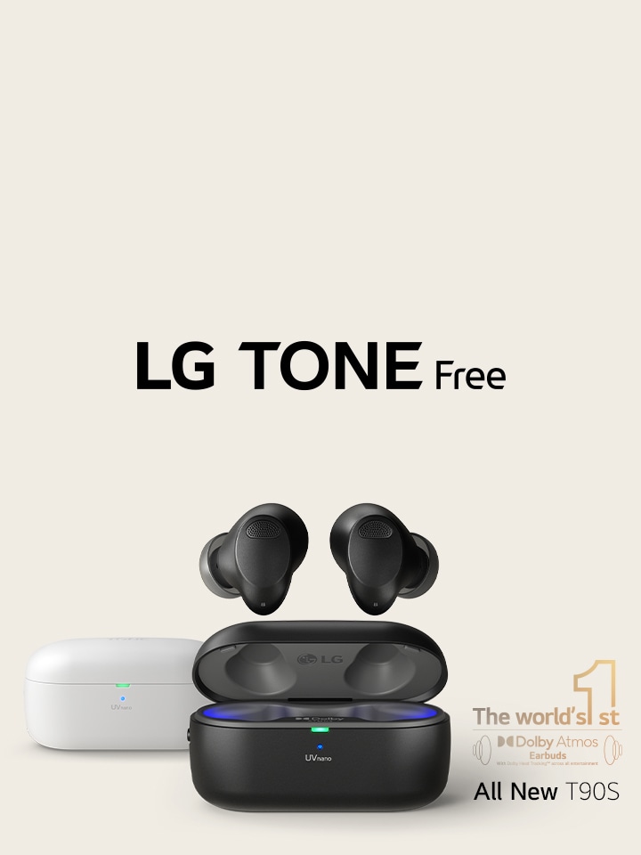 A front view of the black TONE Free T90S with the cradle open. The black earbuds are protruding for design purposes. Behind them is the white TONE Free T90S. The bottom right corner shows the world's first Dolby Atmos logo.