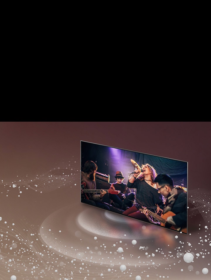 An image of an LG TV as sound bubbles and waves emit from the screen and fill the space.