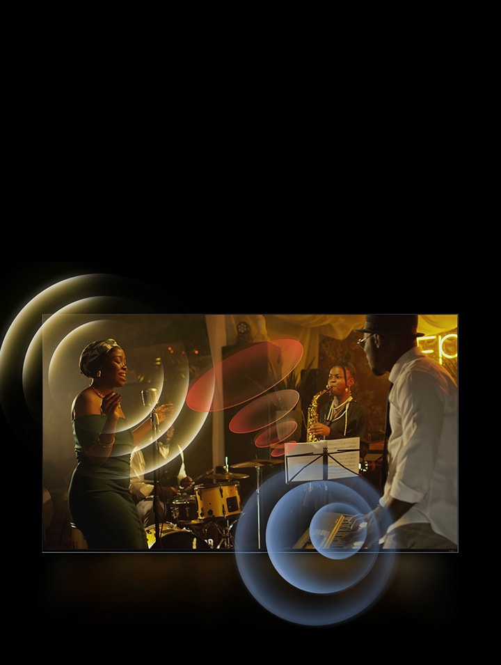 An image of an LG TV showing musicians performing, with bright circle graphics around the space.
