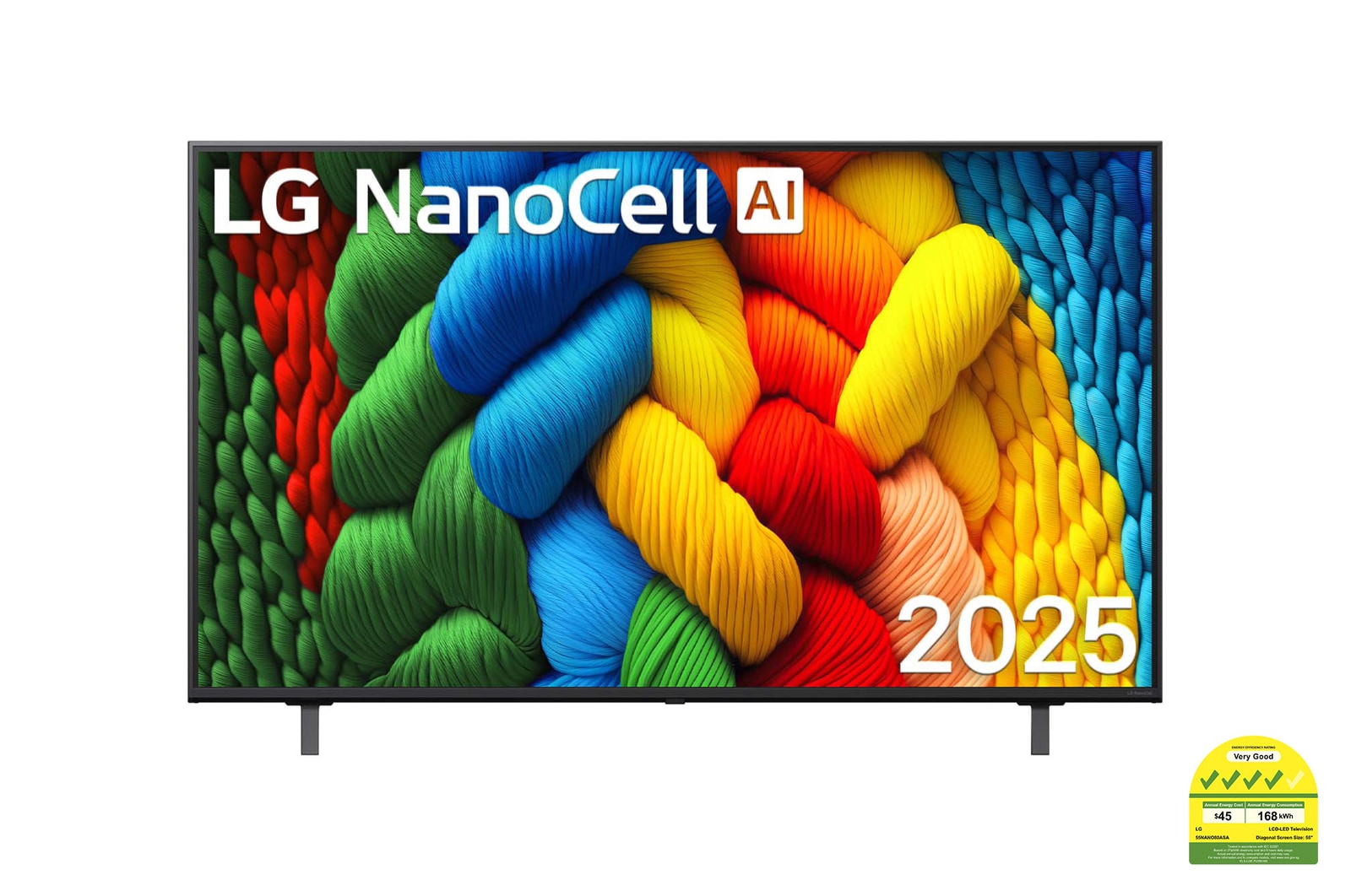 Front view of NanoCell TV, LG NanoCell Al Logo on the top corner. LG NanoCell NANO80 TV depicts colorful paintike textures coming together.
