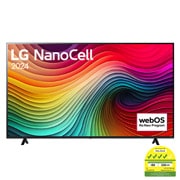 Front view of LG NanoCell TV, NANO81 with text of LG NanoCell, 2024, and webOS Re:New Program logo on screen