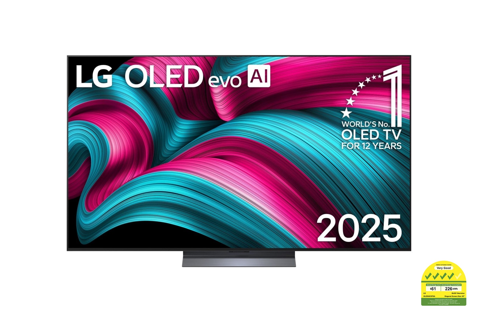 Front view of LG OLED evo AI C5 4K Smart TV. 12 Years of world number 1 OLED emblem and LG OLED evo AI 2025 logo are on the screen.