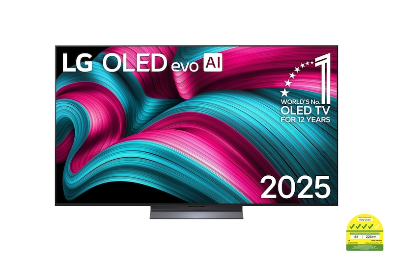 Front view of LG OLED evo AI C5 4K Smart TV. 12 Years of world number 1 OLED emblem and LG OLED evo AI 2025 logo are on the screen.