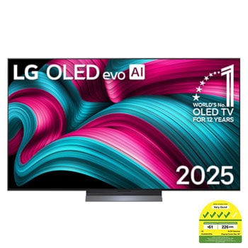 Front view of LG OLED evo AI C5 4K Smart TV. 12 Years of world number 1 OLED emblem and LG OLED evo AI 2025 logo are on the screen.