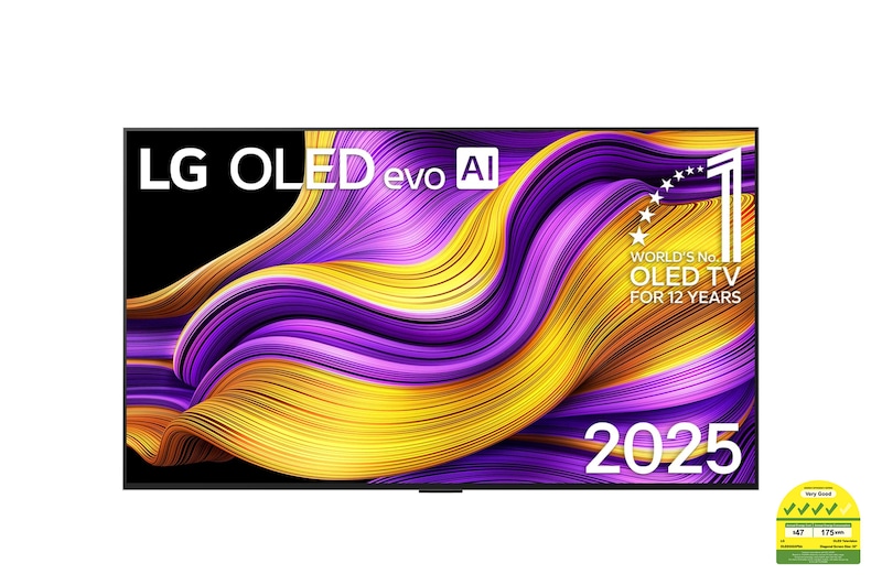 Front view of LG OLED evo AI G5 4K Smart TV. 12 Years of world number 1 OLED emblem and LG OLED evo AI 2025 logo are on the screen.