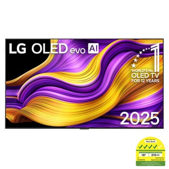 Front view of LG OLED evo AI G5 4K Smart TV. 12 Years of world number 1 OLED emblem and LG OLED evo AI 2025 logo are on the screen.