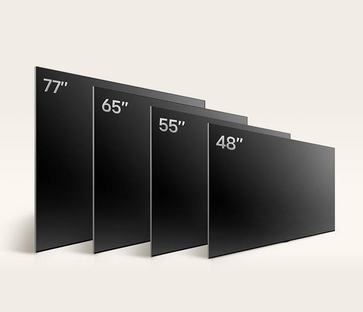 An image comparing LG OLED B4's varying sizes, showing 48", 55", 65", and 77".	