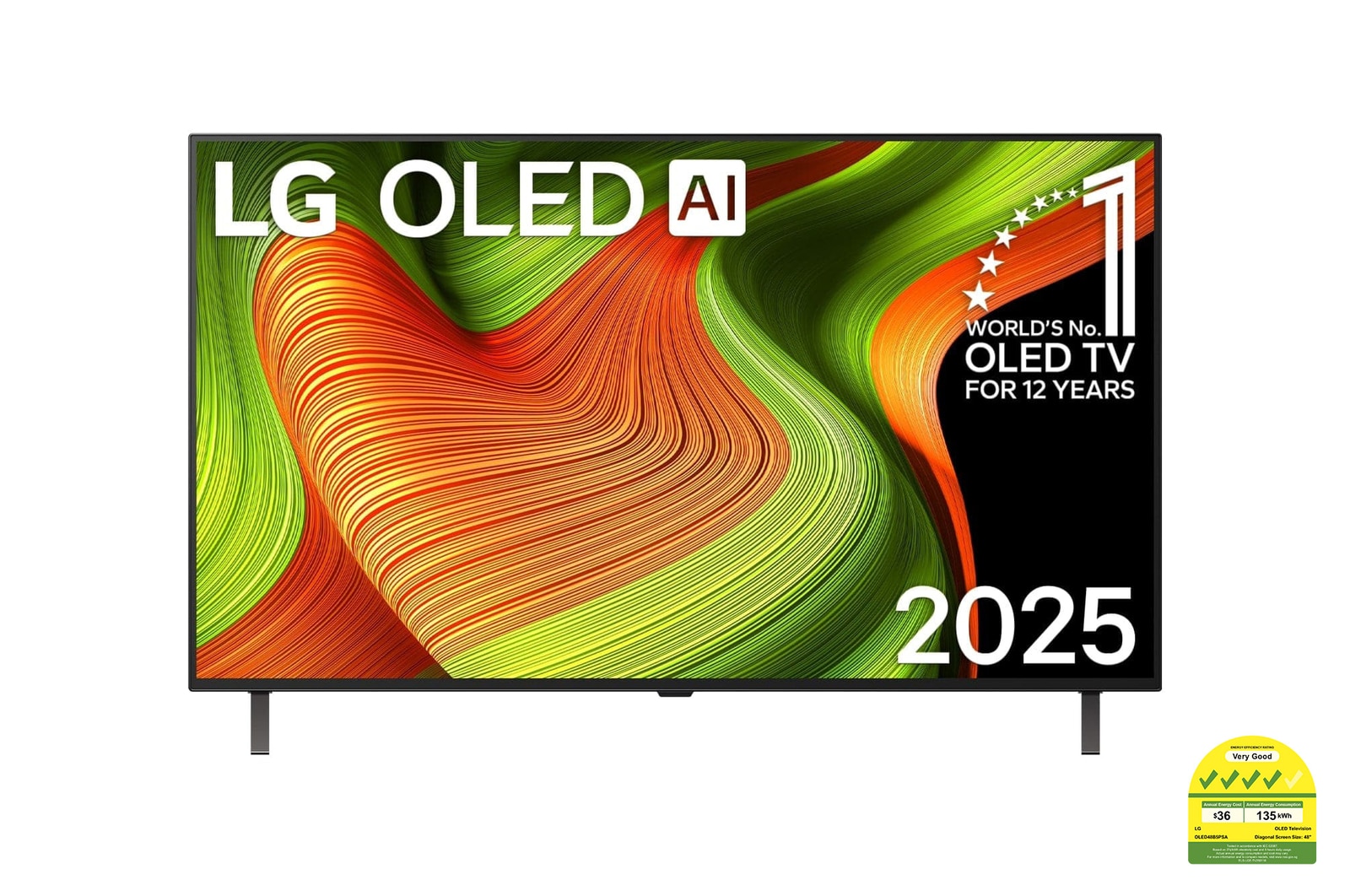 Front view of LG OLED AI B5 4K Smart TV. 12 Years of world number 1 OLED emblem and LG OLED AI 2025 logo are on the screen.