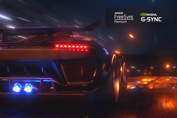 A video opens with a blurry scene of a car driving fast in a racing game. The scene is refined, resulting in smooth and clear action. FreeSync Premium Pro logo and NVIDIA G-SYNC logo in the top right corner.