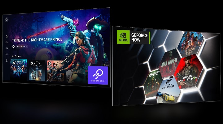 An image of the Boosteroid home screen showing "Trine 4: The Nightmare Price" and another image of GeForce NOW home screen showing five different game thumbnails.