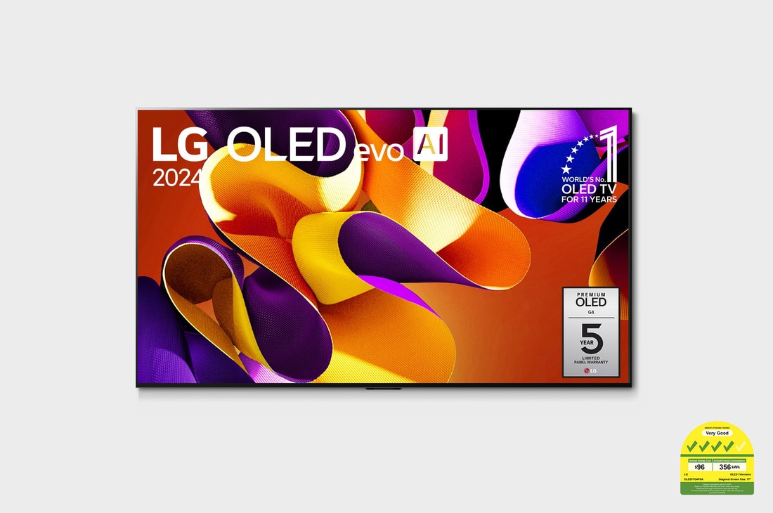 Front view with LG OLED evo, 11 Years World No.1 OLED Emblem, and 5-Year Panel Warranty logo on screen