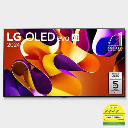 Front view with LG OLED evo, 11 Years World No.1 OLED Emblem, and 5-Year Panel Warranty logo on screen