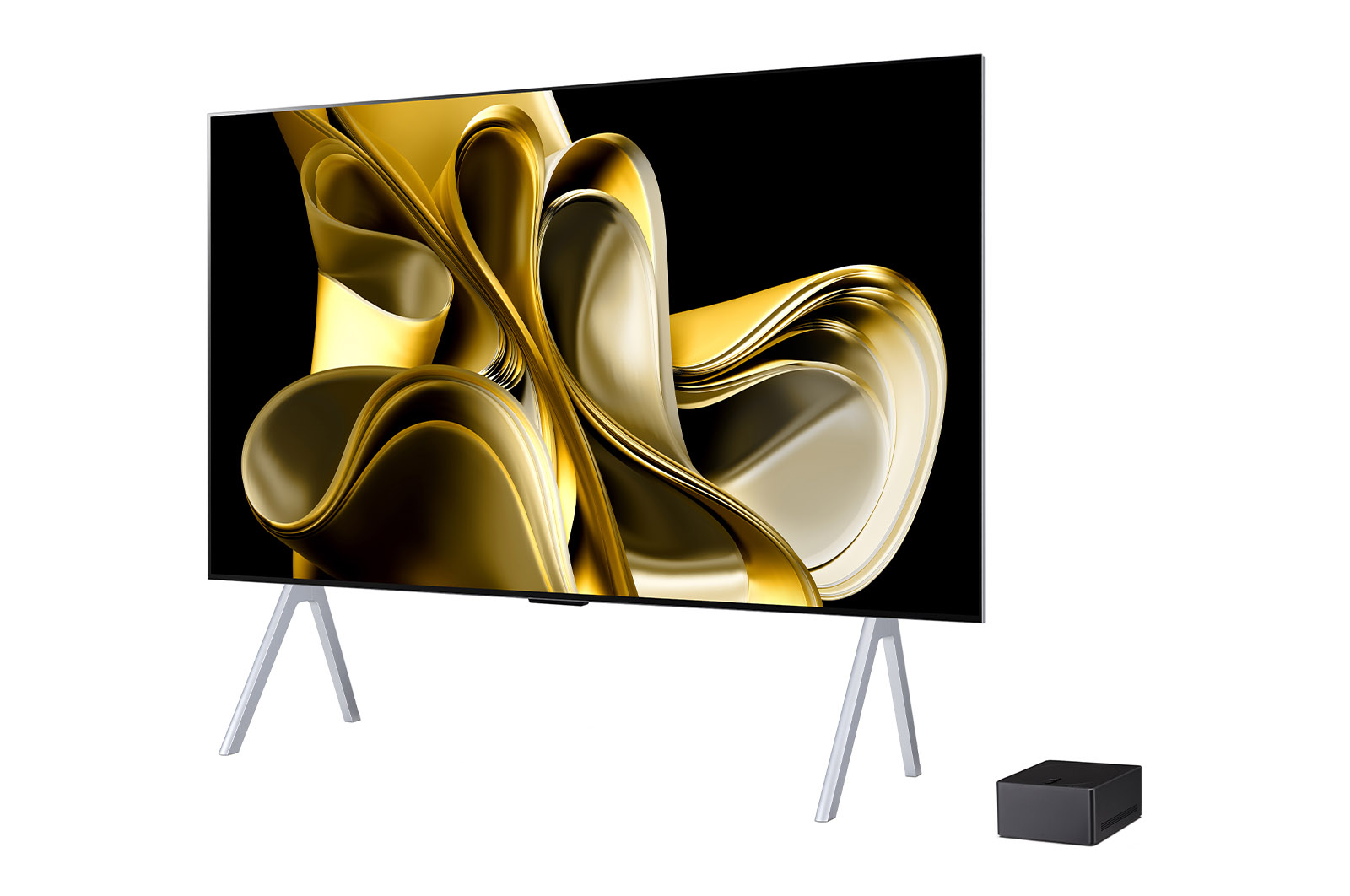 Slightly-angled left-facing side view of LG OLED M3 on the stand with the Zero Connect Box below it