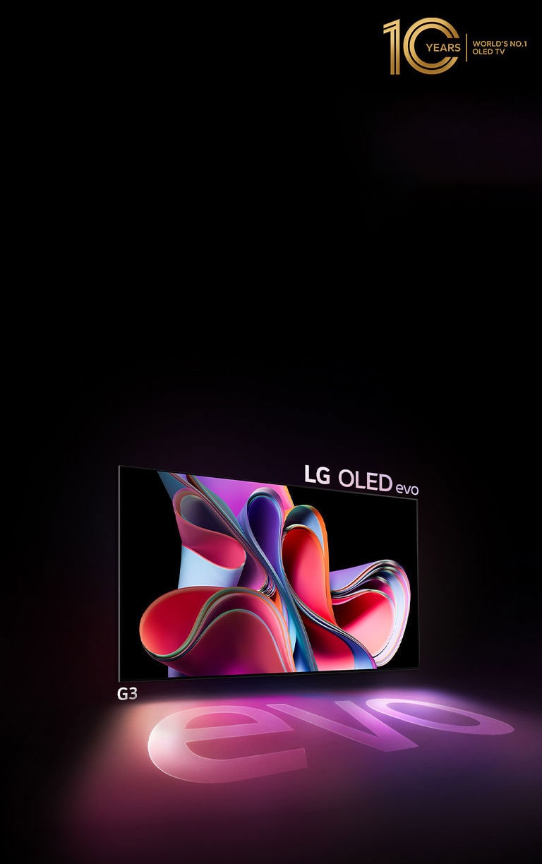 LG OLED G3 evo is shining brightly in a dark space. And on the top right, there is a logo to celebrate the 10th anniversary of OLED.
