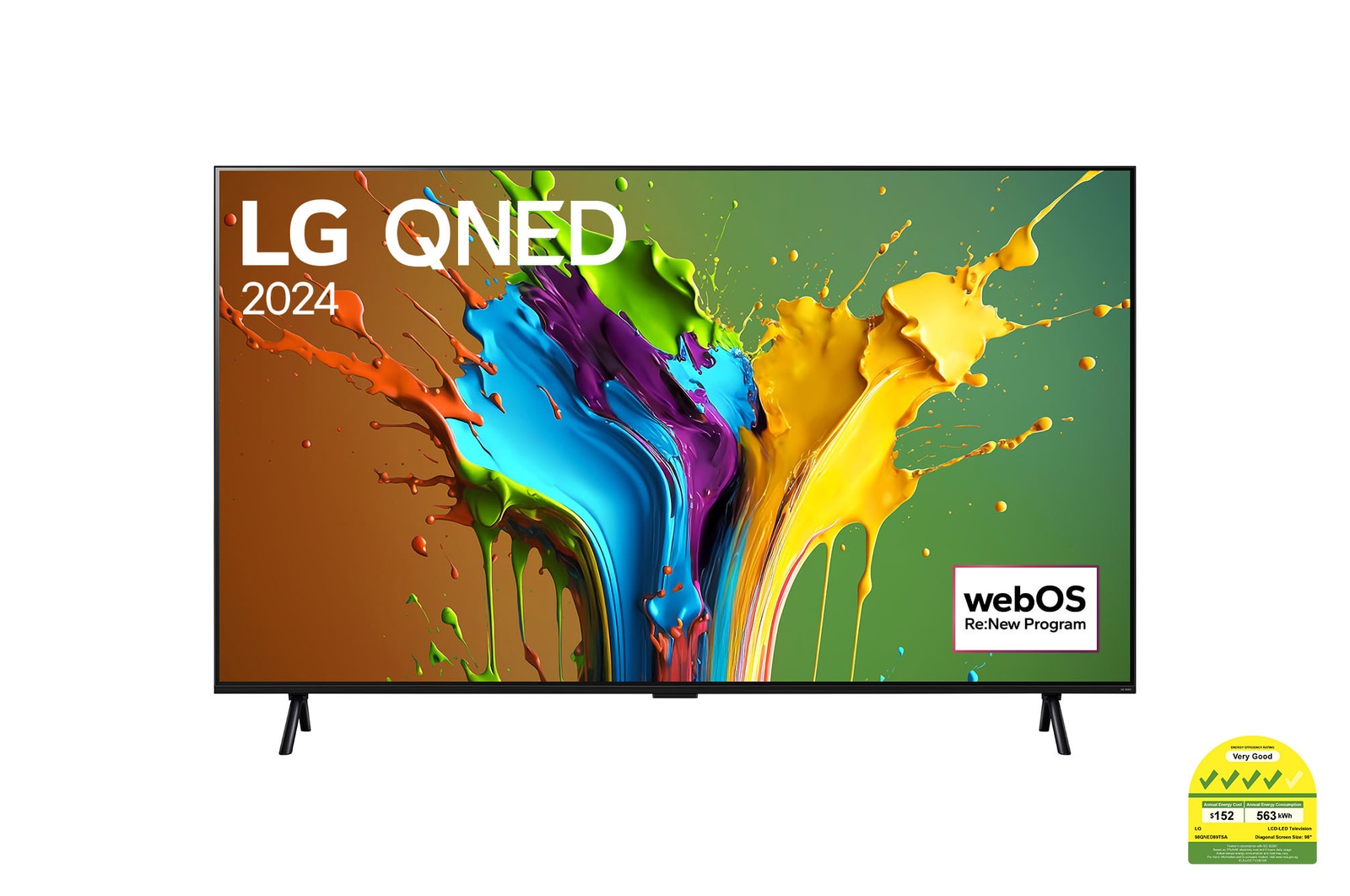 Front view of LG QNED TV, QNED89 with text of LG QNED, 2024, and webOS Re:New Program logo on screen