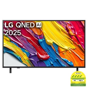 Front view of LG QNED82 TV, LG QNED Al Logo on the top corner. LG QNED TV depicts colorful paintike textures coming together.