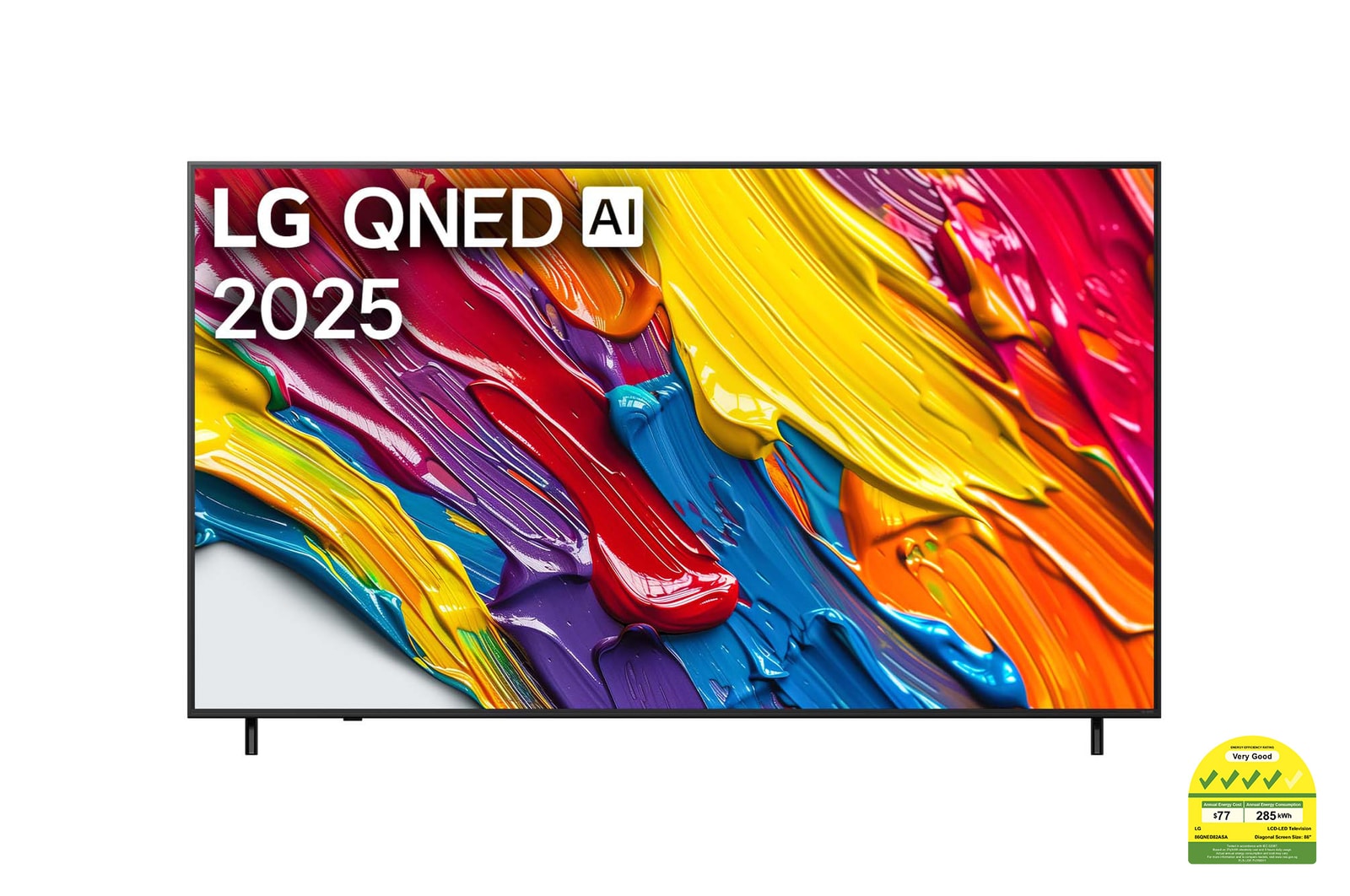 Front view of LG QNED82 TV, LG QNED Al Logo on the top corner. LG QNED TV depicts colorful paintike textures coming together.