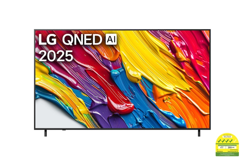 Front view of LG QNED82 TV, LG QNED Al Logo on the top corner. LG QNED TV depicts colorful paintike textures coming together.