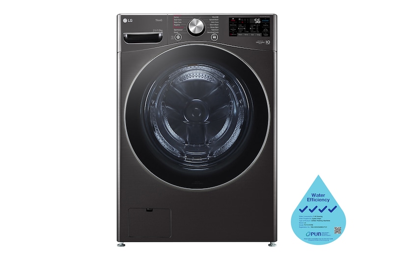 LG 21/12kg, AI Direct Drive Front Load Washer Dryer in Black Steel, F2721HVRB