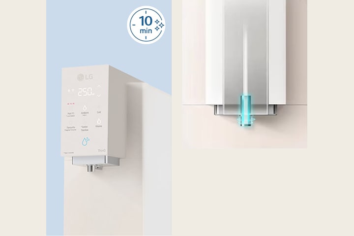 An image showing the water purifier body on the left and the water outlet on the right	