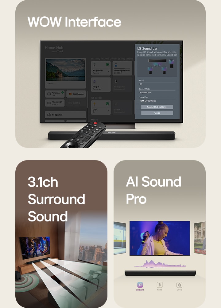 An image of an LG Soundbar, LG Remote, and LG TV showing the WOW Interface on screen. An image of an LG TV and LG Soundbar in a living room playing a musical performance. White soundwaves made up of droplets project from the soundbar, looping around the sofa and living space to depict surround sound. A city skyline is visible through the window. An image of the LG Soundbar with three differing TV screens above. One shows a movie, one shows a concert, and the other shows a news broadcast. Below the soundbar, there are Concert, News, and Movie icons.